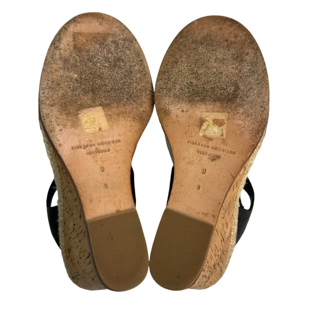 Sigerson Morrison Women's Black Leather Cork Wedge‎ Espadrille T Strap Sandals 9